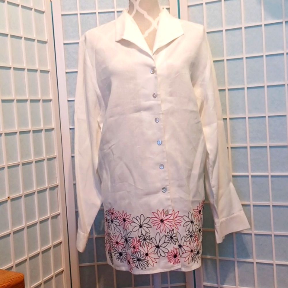 Irish Linen Blouse 1X with embroidery and beading 5392